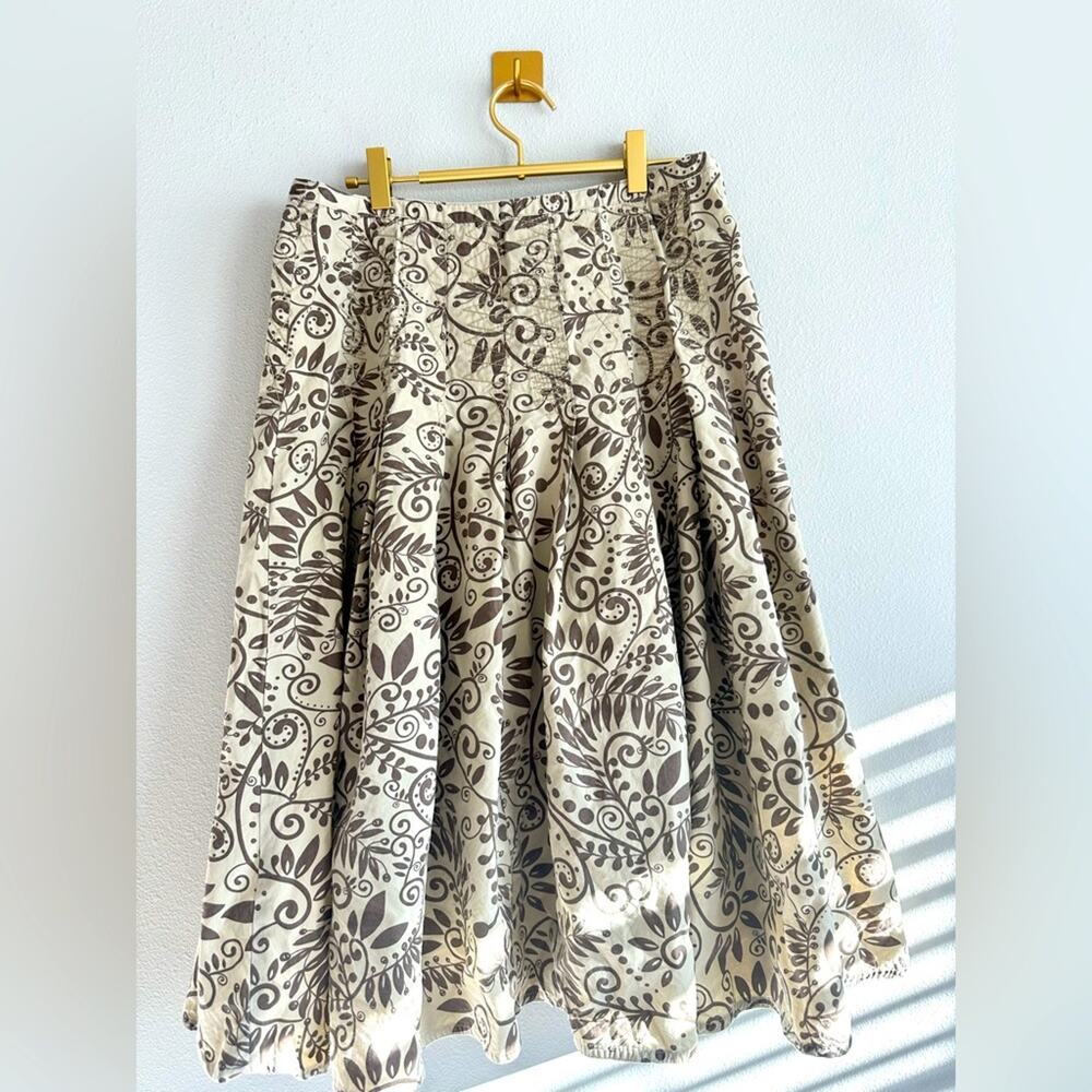 J. Jill Pleated Tan & Brown A line Cotton Skirt Cottagecore Knee Length | Size 8